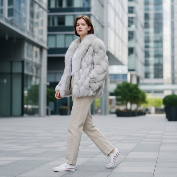 Natural Blue Stripped Fox Jacket with Leather Accent Panels, Size SM/Med - Picture 1 of 10